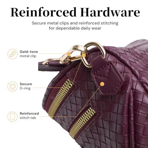 Woven Vegan Leather Bum Bag for Women, Crossbody Fanny Pack with Coin Purse | Removable 2-inch-wide strap adjusts to a 14–24.5-inch drop; dual zip compartments, reinforced hardware, 1.1-lb design - color: Burgundy