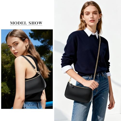 KKXIU Small Black Purse for Women, Cute Mini Shoulder Bag Zipper Closure | 2 Removable Straps, Retro Underarm Bags, Classic Crossbody Bag, Handbag for Women - color: Black