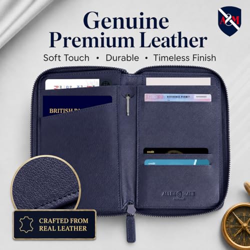 ALLEN & MATE Genuine Leather Passport Holder for Travel, RFID Blocking Travel Wallet Fits 2 Passports and 12 Cards, Zippered Document Organizer with SIM Slot and Pen Loop for Men and Women - color: Navy Blue