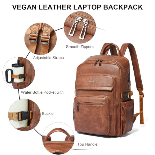 Leather Laptop Backpack for Women Fits 17" Laptop, with RFID Wristlet Purse - color: Brown