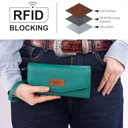 Montana West X Wrangler Womens Wallet Large Capacity Long Compact | Wrist Wallets for Women Ladies Female Card Cases Money Organizers Trifold Clutch with Rfid Lining and Wrist Strap Turquoise - color: Trifold-Turquoise