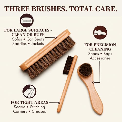 Lexol Horsehair Detailing Brush Set – Professional 3‑Piece Leather Cleaning & Care Kit for Bags, Shoes, Accessories, Upholstery & More – Soft, Scratch‑Free Natural Horsehair Brushes - style: 3pc Brush Set