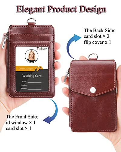 Teskyer Leather ID Badge Holder with Lanyard, Lanyard Wallet, Brown - color: Brown, size: 3.1" x 4.7"