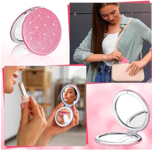 Cute Pink Compact Mirror for Women,Small Magnifying Travel Mirror with Glitter,Portable 2 x 1x Magnification Folding Pocket Makeup Mirror Cosmetic Mirror for Gift Travel Essentials - color: Pink-round