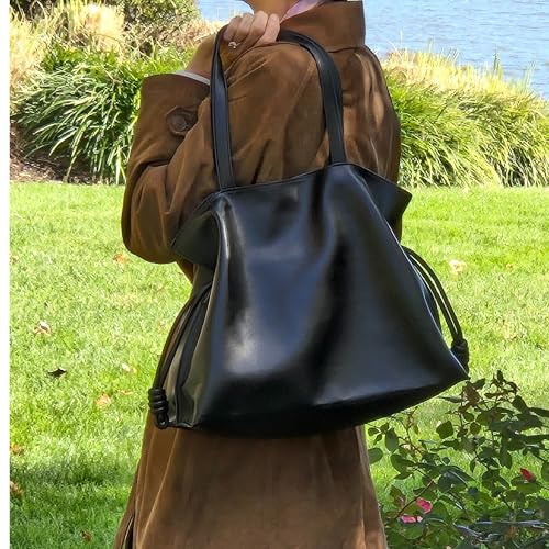Leather Drawstring Tote Bag, Black Genuine Leather Shoulder Bag with Magnetic Snap Closure, Elegant Travel Work Handbag