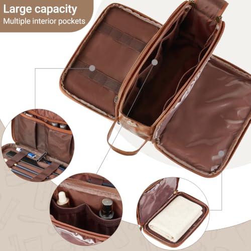 Mkono Men Toiletry Travel Bag PU Leather Hanging Shaving Dopp Kit Organizer | Water-Resistant, Wet/Dry Separation, Multi Compartments, for Makeup, Daily Essentials, Gym, Trips, Dad Husband Birthday Gifts