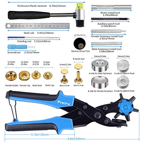 Preciva Hole Punch Plier, Revolving Punch Tool Kit with Pliers, Ruler, Grinding Rod, Plastic Hammer, 340pcs Snap Fasteners & Rivets - color: Blue