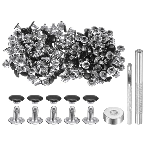 HARFINGTON 100 Sets Leather Rivets 8mm x 8mm Metal Double Cap Rivet Snaps Studs Fasteners with 3pcs Setting Tools Rivets for Leather Craft DIY Repair Decoration, Brilliant Black - color: Brilliant Black, size: 8mm x 8mm