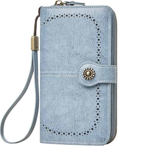 TFKGS Wallet for Women RFID Blocking Leather Large Capacity Card Holder Ladies Phone Clutch Travel Long Purse Wristlet | RFID Blocking - color: 2-Upgrade-Wax-Blue