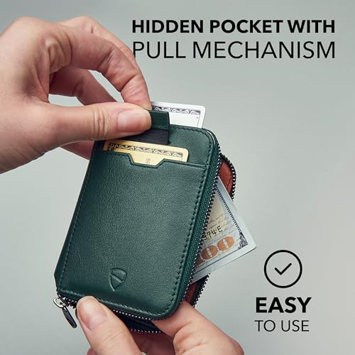 Vaultskin NOTTING HILL Slim Italian Leather Zip Around Wallet, RFID | Minimalist thin card holder for men and women, small coin purse, keychain D-ring, RFID blocking, 10 cards, cash, gift box - color: Alpine Green