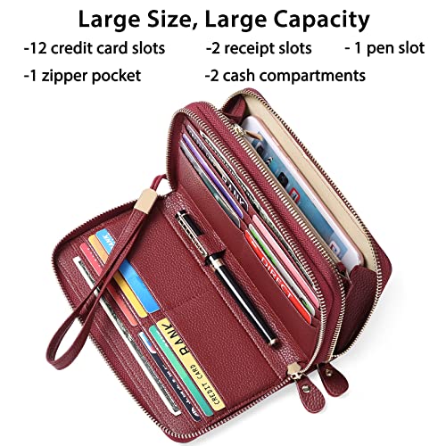 SENDEFN Leather Women Wallet RFID Blocking Zipper Around Phone Holder Clutch Wristlet Large Capacity - color: Cardinal Red