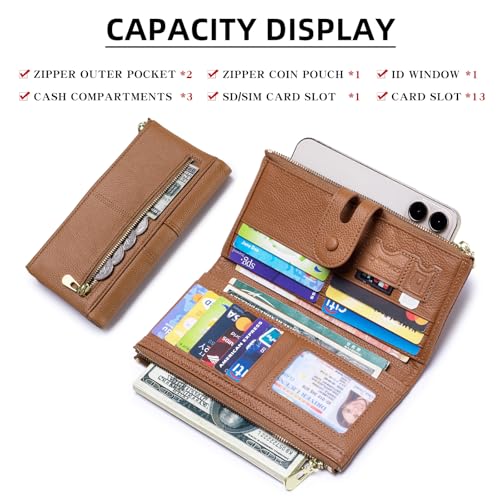 Large Capacity Wallets for Women Soft Leather RFID Blocking Long Wallet Ladies Bifold Clutch Purse Credit Card Holder with Double Zipper Pocket ID Window,Brown - color: Brown