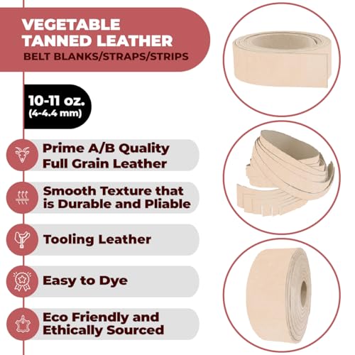ELW Leather Strap, 10-11 Oz, 1.5 inch Wide x 40", Cowhide Veg Tan Leather Belt Blank, Leather Strips, Tooling Leather, Tan Straps for Crafts, Belt Making & Crafting Blank Hide - color: 10-11 Oz. (4-4.4mm), size: 1-1/2"x40"