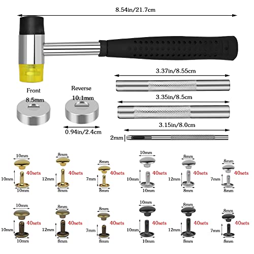 TLKKUE 480 Sets Leather Rivets Kit 4 Colors Double Cap Rivet for Leather | 3 Sizes Rivet with Rubber Hammer Fixing Tool Kit 4 Pieces for DIY Leather Craft Clothes Shoes Decoration and Repair - color: 4 Colors 480 Sets