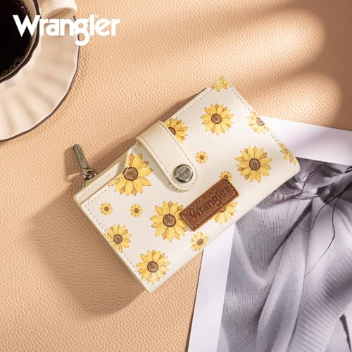 Wrangler Wallet for Women Bifold Card Holder with Zipper and ID Window - color: Daisy-Beige