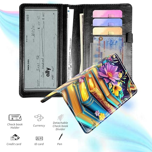 Check Book Cover for Personal Checkbook, Leather Business Checkbooks Plastic Insert Flap Card Holder Pen Hoop Holder with RFID Blocking Slim Wallet for Duplicate Checks Women Men, Book - color: Book