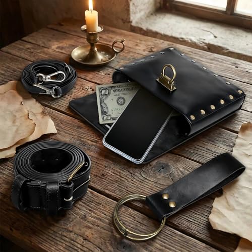 Renaissance Belt Pouch Medieval Pirate Costume Accessories Set for Cosplay | Viking Faux Leather Waist Bag, Skirt Hike Clips, Perfect for Women and Men Ren Faire, LARP, Fantasy, Halloween - color: Black-J