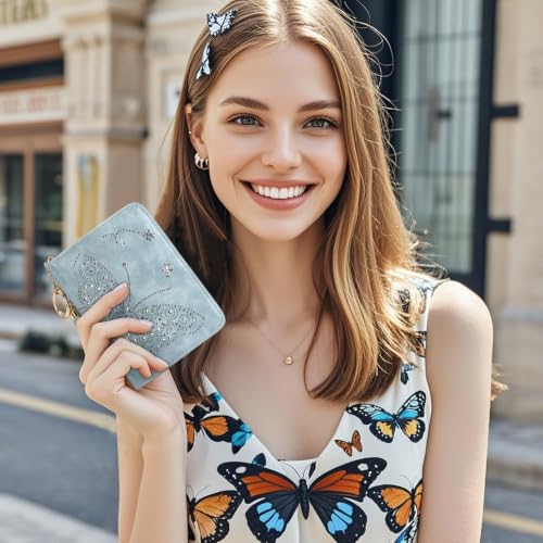 KITEVIUN Women RFID Blocking Small Bifold Wallet, Compact Cash Clutch with Zipper Coin Pocket, Glittery Butterfly Design, Credit Card Holder, Travel Purse with Tassel BLUE - color: 02-BLUE