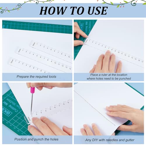 BENECREAT 3 Pcs Flat Punch Tool for Bookbinding, Acrylic Clear Ruler, Measuring Tool for Hole Punchings, Scrapbooking, Notebooking, DIY Making, 6.7/8.6/12.6 Inch