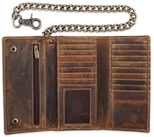 F&L CLASSIC RFID Blocking Mens Tri-fold Long Style Cowhide Leather Steel Chain Wallet,buffalo wax vintage leather,212 wax brown - color: buffalo wax vintage leather