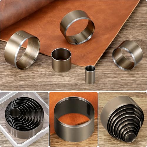 QWORK 9 Pcs Leather Circle Cutter Tool Set 15-55mm High Carbon Steel Round Punching Die Kit for Fabric Clay & Leather Crafts Hollow Hole Punch for Belt Wallet & DIY Jewelry Making