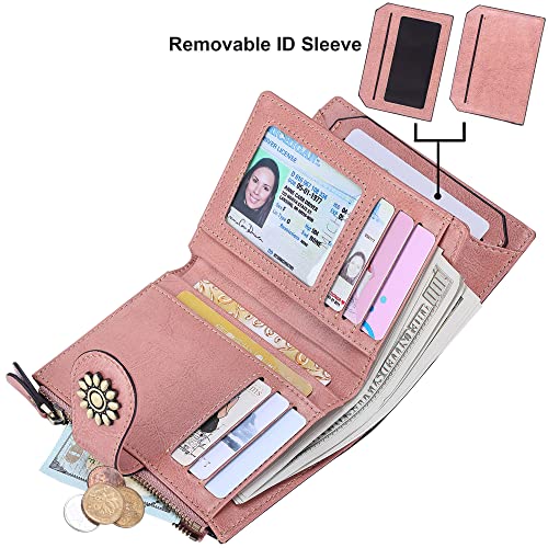 Womens Leather Wallet Small Compact RFID Blocking Credit Card Case Purse with Zipper Pocket | Small - color: Dark Pink