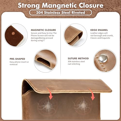 Gcepls Leather Phone Holster for iPhone 16 Pro Max,15 Pro Max,iPhone 14 Pro Max,13 Pro Max,Premium Genuine Leather Cell Phone Holster with Belt Clip,Phone Belt Holder Pouch Cover (Fits Thin Case on) - color: Brown, size: Large(6.65x 3.45 x0.63”)