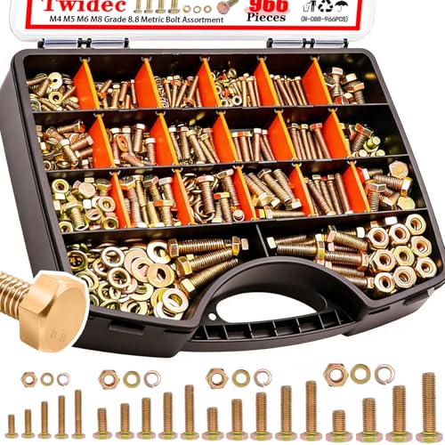 Twidec/966PCS Metric Bolt Assortment,Grade 8.8 Hex Head Bolts and Nuts Assortment Kit, M4/M5/M6/M8(12-30mm)Heavy Duty Nuts and Bolts Kit, Flat & Spring Lock Washer Gold Zinc Plating With Storage Case - color: Golden 966PCS M4 M5 M6 M8