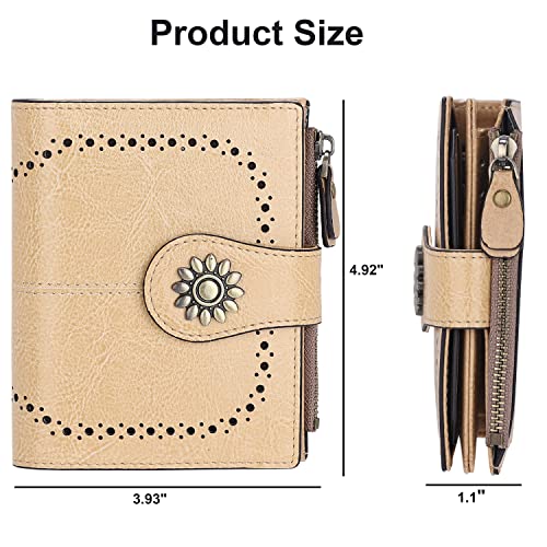 Womens Leather Wallet Small Compact RFID Blocking Credit Card Case Purse with Zipper Pocket | Small - color: Light Khaki