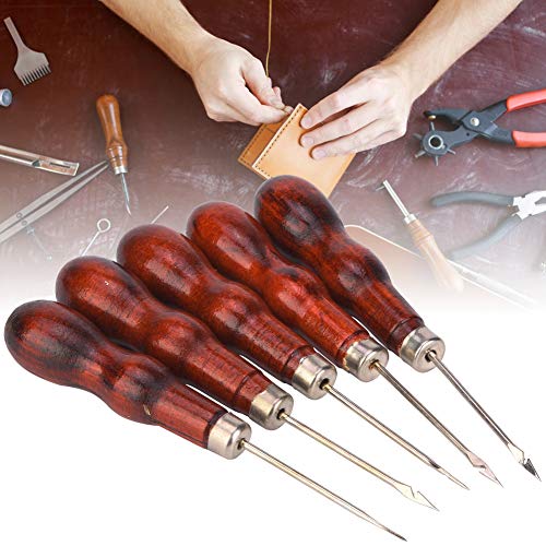 5PCS Wooden Handle Awl Hole Punch Sewing Stitching Awl Tool Shoe Repair Crochet Hook, Leather Scratch Awl for Punch Stitching Sewing DIY Hand-Made Leather Craft Repair Tools