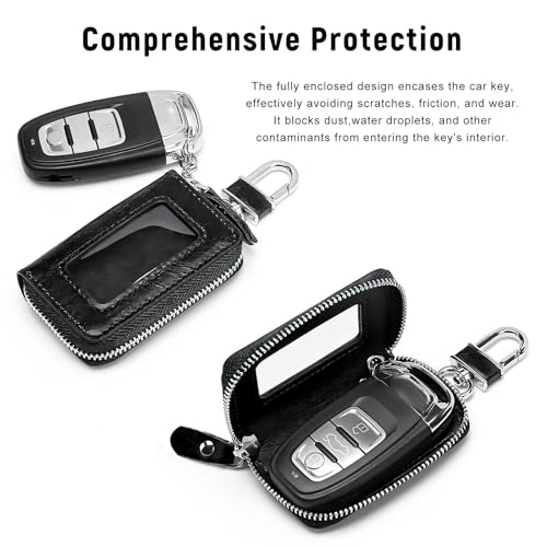 Car Key Fob Case, Remote Keys Storage Bag with Metal Hook & Transparent Window, Waterproof Leather Auto Key Fob Holder Keychain Zipper Bag for Women Men, Car Accessories (Black) - color: Black