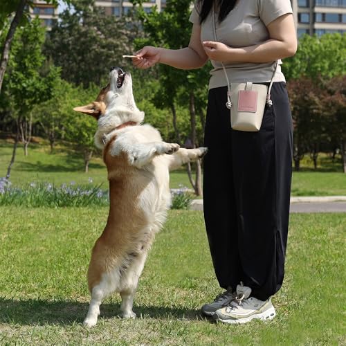 Crossbody Dog Walking Bag with Snap Closure，Dog Treat Pouch Training Bag with Open Top, Waterproof Vegan Leather Pet Training Pouch, Hands-Free Treat Bag for Dog Trainers, Phone & Treat Storage,Beige - color: Beige