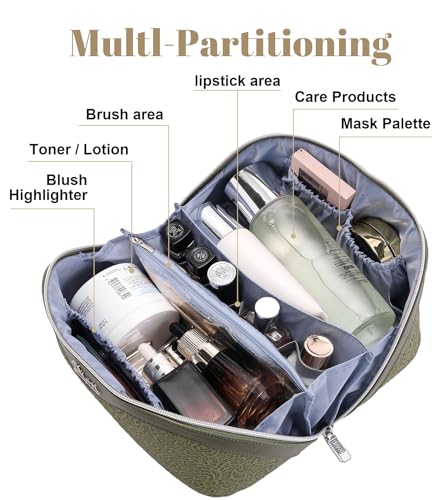 BOYATU Travel Makeup Bags Cosmetic Organizer Bag: 3 Pcs Set Large Capacity Make up Bag with Compartments - Waterproof Leather Toiletry Bags with Handle for Women (A-Green) - color: A-Green