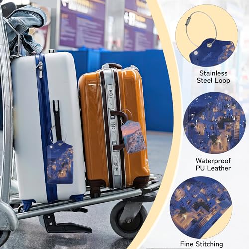 Santorini Sunset Landscape Luggage Tag for Suitcase,Design with Privacy Flap Name ID Label Metal Loop, 3 Pack - color: Santorini Sunset Landscape