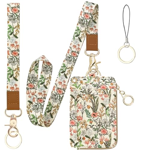 Bolimoss Aesthetic Lanyard with ID Holder for Women & Nurses - Floral ID Badge Holder with Neck Lanyard & 4 Card Slots, Side Zipper Pocket - color: Blooming Flowers