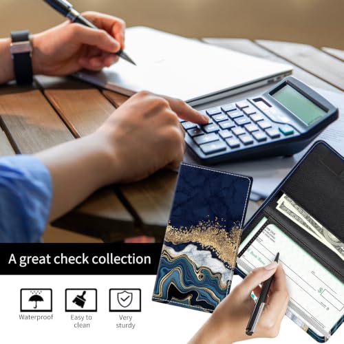 Checkbook Cover for Personal Checkbook, Cute Pu Leather Check Book for Women & Men, Slim Checkbook Holder with Pen Holder and Built-in Clear Plastic Divider, Navy Marble - color: Navy Marble