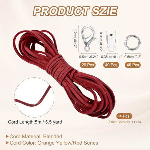 MECCANIXITY 4 Pcs Suede Cord, 5.5 Yards Flat Faux Leather Cord Soft Durable Leather String with Silver Closed-Mouth Ring Rope Clip Lobster Clasps for Art Craft, Orange Yellow/Red Series - color: Orange Yellow/Red Series