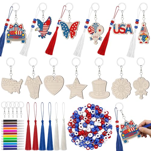 Cinrobiye 24 Set Patriotic Craft Kits DIY Wooden Paint Keychain Craft Set for 4th of July Party Activities Memorial Day Classroom Art Projects Independence Day Decorations - style: 4th of July