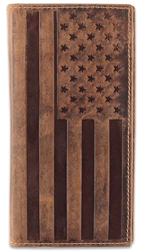 F&L CLASSIC Men's RFID Vintage Look Genuine Leather Long Bifold Wallet Checkbook Wallets,brown flag,240-100 - color: brown with flag