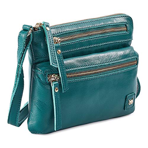 Small Leather Crossbody Bag for Women Adjustable Sling Purse Multi Pocket | Genuine Top Grain Leather, 4 Zip Pockets, Cross Over for Travel, Gift for Women, Phone Pocket - color: Emerald Green Nappa