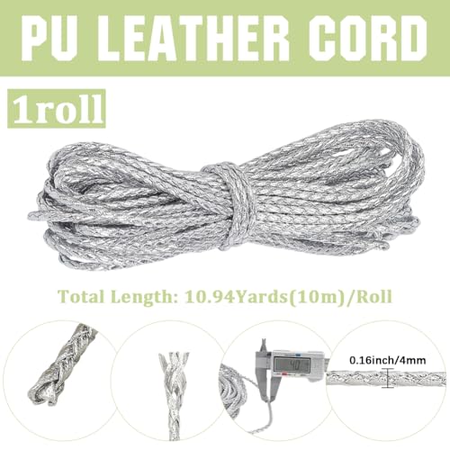 GORGECRAFT 10m Round Braided Leather Cords 4mm Bolo Tie Strings Silver Faux Leather Necklace Cord Metallic Braiding PU Leatherette Rope Beading Threads for Bracelet Keychain Jewelry Making DIY Crafts - color: Silver, size: 4mm*10m