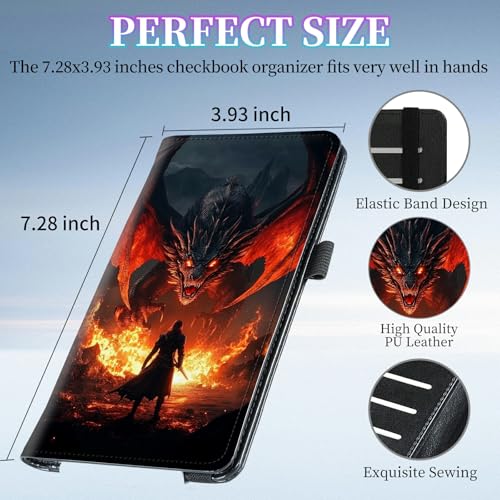 Checkbook Cover for Duplicate Checks,Slim Durable RFID Blocking Checkbook Credit Card Holder for Personal and Business Checks-Dragon and Knight - color: Dragon and Knight