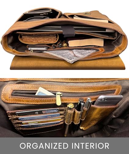 Leather Messenger Bag for Men, 14 Inch Canvas Laptop Bag, Vintage Satchel - color: Olive Green
