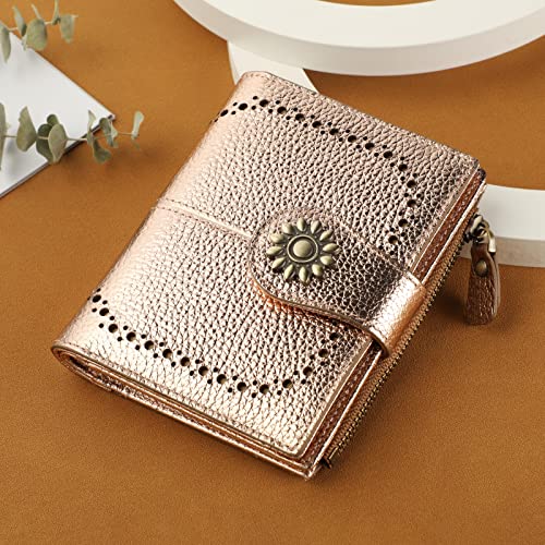Womens Leather Wallet Small Compact RFID Blocking Credit Card Case Purse with Zipper Pocket | Small - color: Pebbled Champion Gold