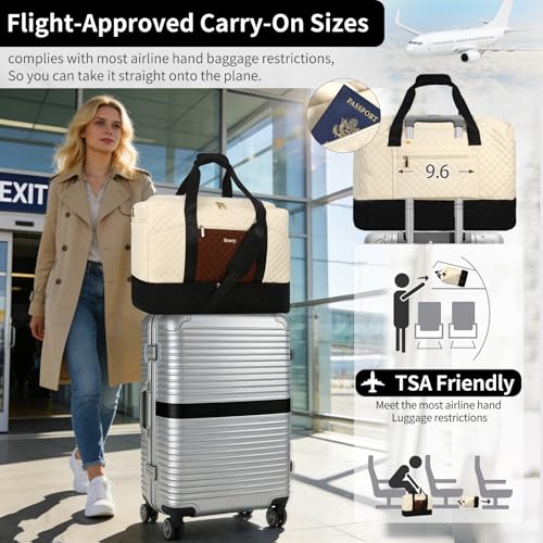 Stuery Weekender Bags for Women with Toiletry Bags: Large Overnight Bags Travel Duffel Bag Carry On Shoulder Weekend Tote with Shoe Compartment and Wet Pocket for Girls Airplane Traveling - color: A-3PCS White Brown Black