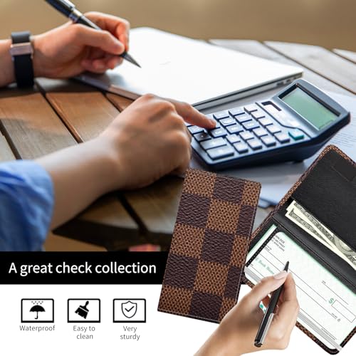 Checkbook Cover for Personal Checkbook, Cute PU Leather Check Book for Women & Men, Slim Checkbook Holder with Pen Holder and Built-in Clear Plastic Divider Leather Checkerboard - color: Leather Checkerboard