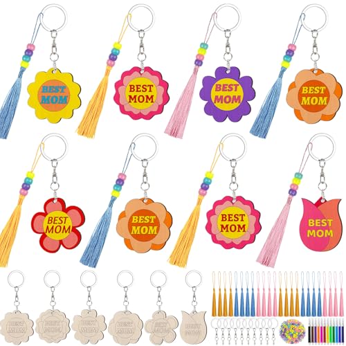 Cinrobiye 24 Set Mother’s Day DIY Wooden Keychain Craft Kit, Bulk Gifts for Mom, Classroom Activity Set with Tassels, Beads & Colored Pens, Handmade Party Favors - style: Mom2
