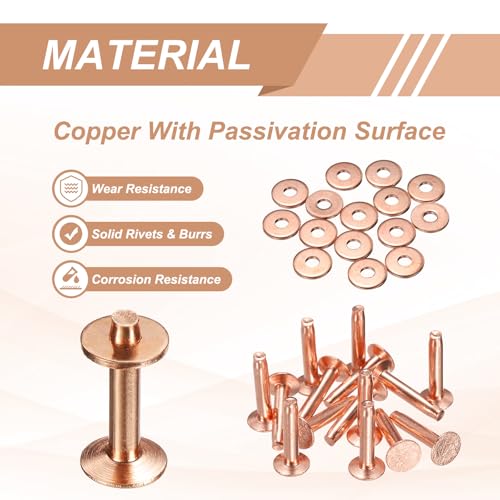 HARFINGTON 15Set Copper Rivets and Burrs Washers 8x3.3x17mm Dimpled Finish Solid Leather Rivet Fastener Studs Posts for Leather DIY Craft Belts Wallets Collars, Copper Tone - color: Copper Tone, size: 8x3.3x17mm