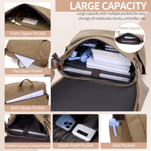 Nerlion Messenger Bag for Men 17-17.3 Inch Laptop Bag Canvas Water-resistant Computer Bag Shoulder Bag Work Briefcase Bookbag for College (Brown) - color: Brown