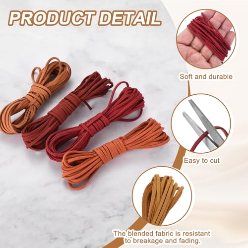 MECCANIXITY 4 Pcs Suede Cord, 5.5 Yards Flat Faux Leather Cord Soft Durable Leather String with Silver Closed-Mouth Ring Rope Clip Lobster Clasps for Art Craft, Orange Yellow/Red Series - color: Orange Yellow/Red Series
